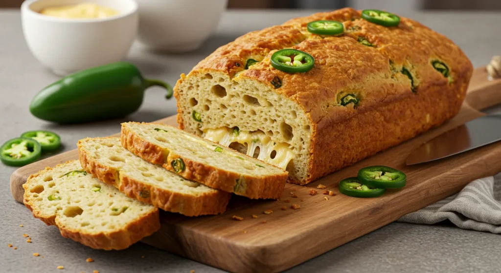 How to Make the Best Jalapeño Cheese Bread at Home 2 A freshly baked loaf of jalapeño cheese bread with golden crust, sliced to reveal melted cheese and jalapeño pieces inside, placed on a wooden board.