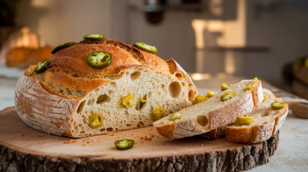 How to Make the Best Jalapeño Cheese Bread at Home 5 A loaf of bread with jalapeño slices on top and inside, placed on a wooden cutting board. Two slices have been cut from the loaf and are lying next to it.