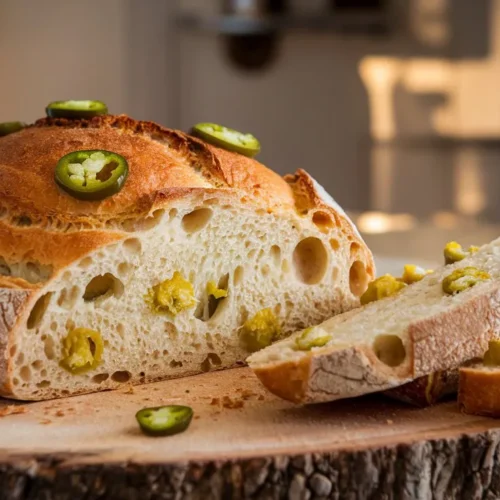 How to Make the Best Jalapeño Cheese Bread at Home 6 A loaf of bread with jalapeño slices on top and inside, placed on a wooden cutting board. Two slices have been cut from the loaf and are lying next to it.