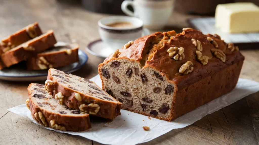 A loaf of walnut and raisin bread with two slices cut, placed on a piece of parchment paper. In the background, there is a plate with more slices of the bread, a cup of coffee, and a block of butter.