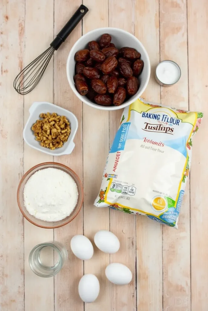 Ingredients for baking including dates, walnuts, flour, eggs, a whisk, and a small glass of water arranged on a wooden surface.