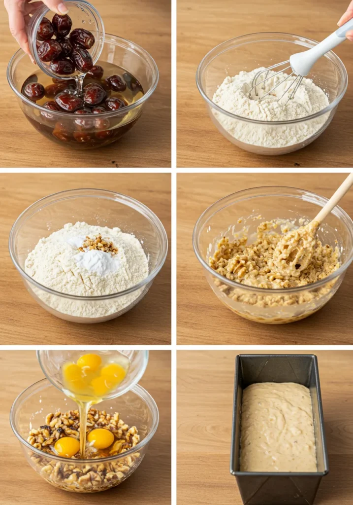 Step-by-step process of making a date and walnut loaf cake.