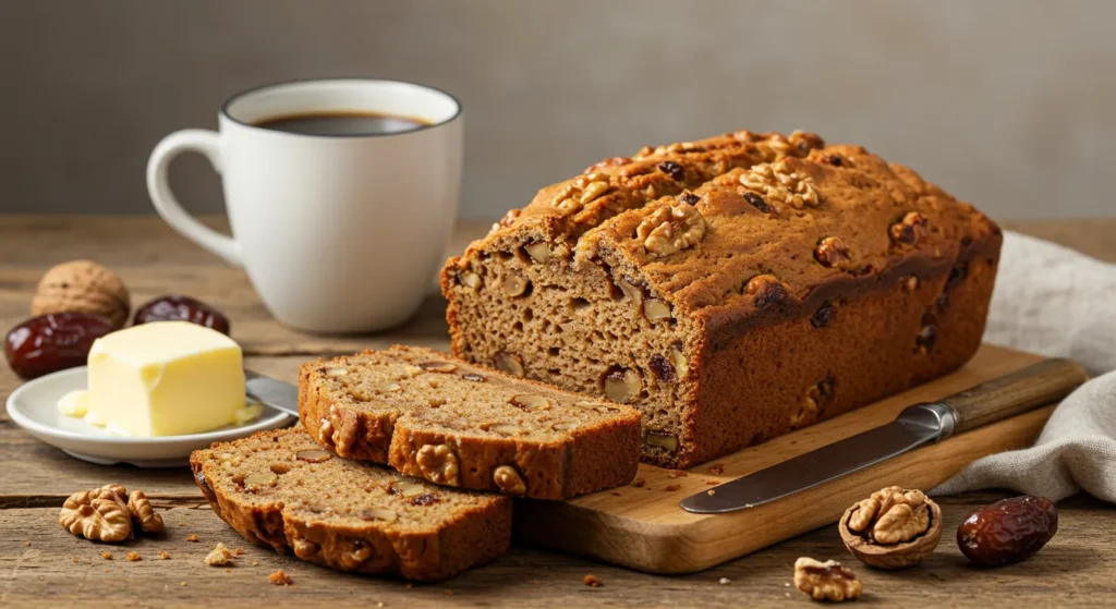 A loaf of nut bread with two slices cut, a cup of coffee, a plate with butter, and some walnuts and dates on a wooden table.