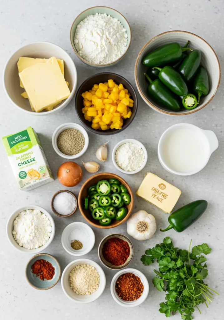 How to Make the Best Jalapeño Cheese Bread at Home 3 Ingredients for vegan jalapeño cheese artisan bread displayed on a light countertop, including jalapeños, vegan cheese, flours, spices, and fresh herbs.