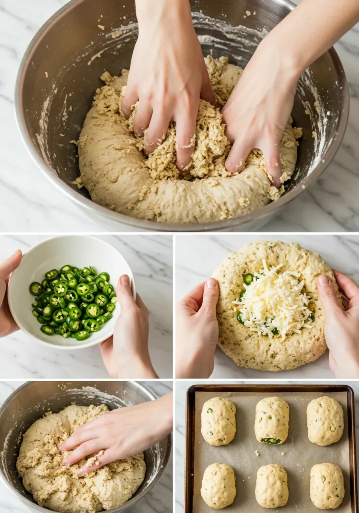 How to Make the Best Jalapeño Cheese Bread at Home 4 A series of images showing the process of making jalapeño cheese bread, from mixing the dough with jalapeños and cheese to shaping the dough into loaves.