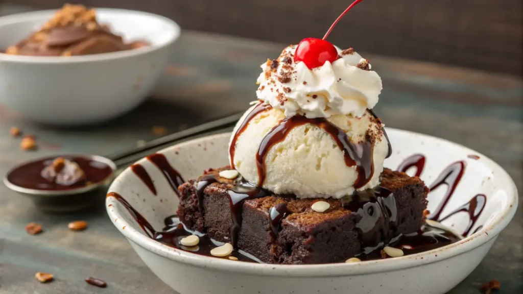 Brownie Sundae 3 Easy Recipes You Can Make Tonight 2 A dessert consisting of a scoop of vanilla ice cream topped with whipped cream and a cherry, served on top of brownie pieces and drizzled with chocolate sauce in a white bowl.