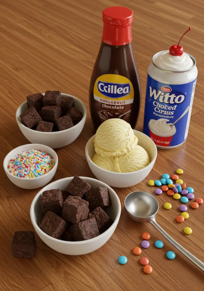 Brownie Sundae 3 Easy Recipes You Can Make Tonight 3 A dessert featuring a scoop of vanilla ice cream topped with whipped cream and a cherry, served over brownie pieces and drizzled with chocolate sauce.