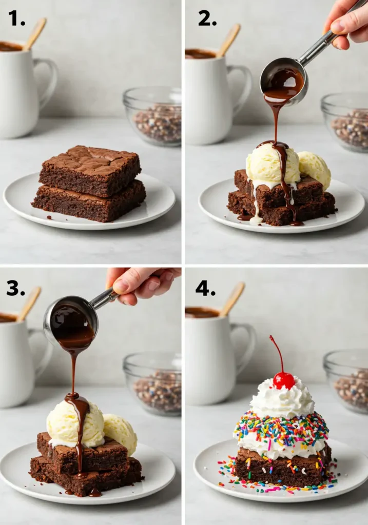 Brownie Sundae 3 Easy Recipes You Can Make Tonight 4 Four-step process of making a brownie sundae. Step 1: Two brownies stacked on a plate. Step 2: Two scoops of vanilla ice cream placed on top of the brownies, with chocolate sauce being poured over them. Step 3: More chocolate sauce being poured over the ice cream and brownies. Step 4: Whipped cream, sprinkles, and a cherry added on top of the sundae.