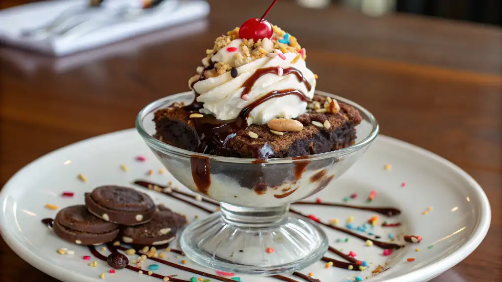 Brownie Sundae 3 Easy Recipes You Can Make Tonight 5 A four-step process demonstrating how to create a brownie sundae, from stacking brownies to adding ice cream, chocolate sauce, whipped cream, sprinkles, and a cherry.